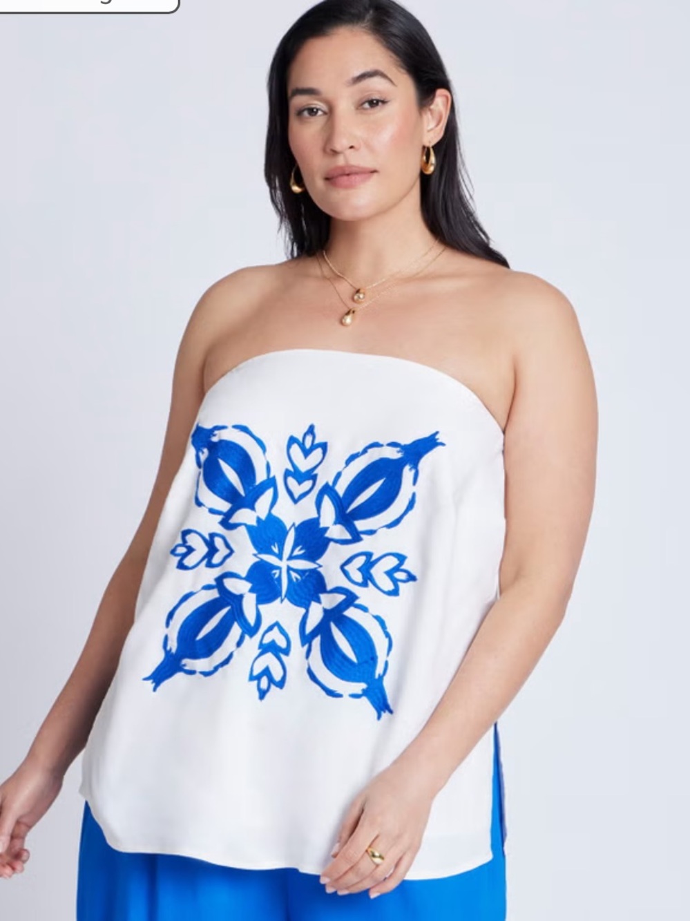 BNWOT Plus Eloquii Strapless Column Top with Blue Embroidery / Vacation / Beach